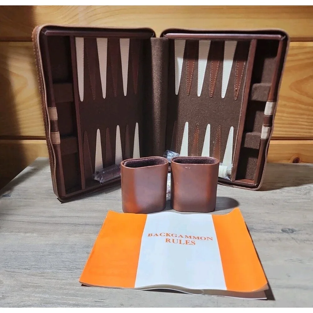 Vintage Magnetic Backgammon Game Faux Leather Zip Travel  Case Read